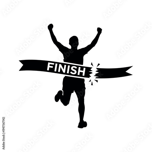 Silhouette of a triumphant runner crossing the finish line with arms raised in victory.
