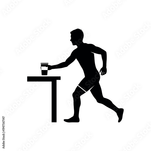 Silhouette of a runner grabbing a drink from a table.
