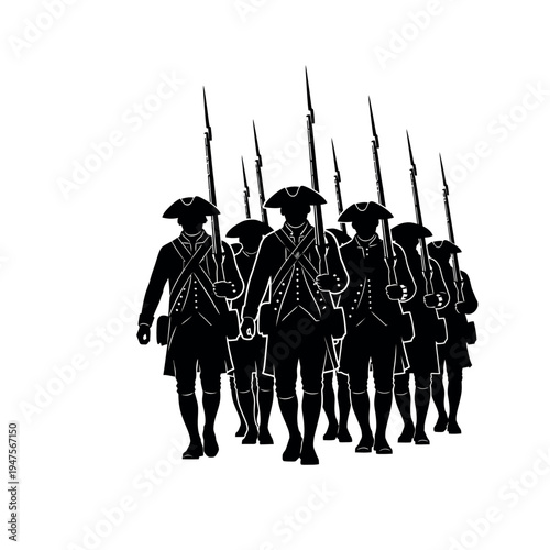 Silhouettes of Revolutionary War Soldiers Marching with Muskets.