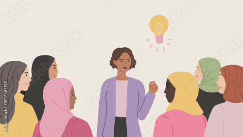Confident businesswoman leading diverse team meeting with creative idea lightbulb