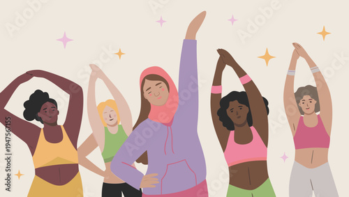 Diverse group of athletic women stretching and preparing for exercise in colorful sportswear