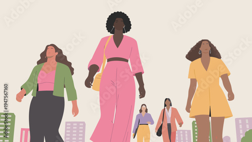 Diverse group of confident women walking together in a city urban background illustration