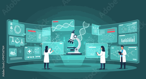 Futuristic Science Laboratory Illustration with Scientists and Holographic Data Interfaces for Medical and Genetic Research