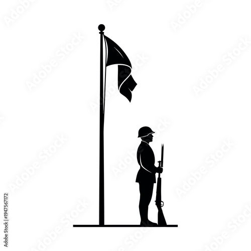 Soldier standing guard with rifle next to a flag pole.