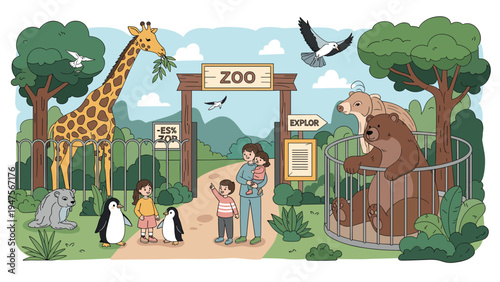 Families with young children visiting a local zoo and observing wild animals like giraffes, penguins, and bears in enclosures.