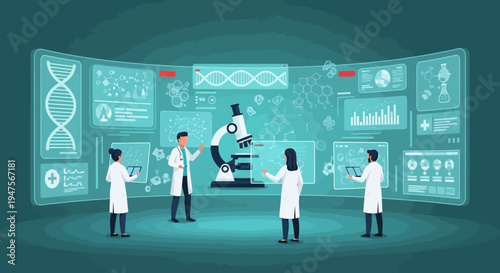 Future Medical Research Concept with Scientists Analyzing DNA and Data in Modern Digital Laboratory Illustration