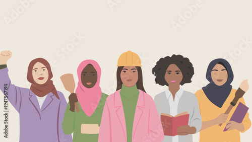 Diverse professional women representing different cultures and professions standing together in unity and solidarity with books and documents