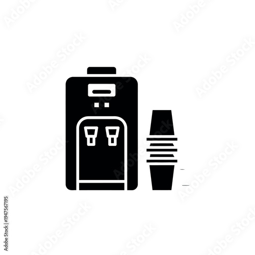 Water cooler and stack of disposable cups.