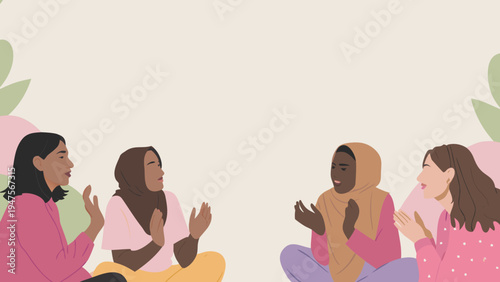 Diverse women from various cultures sitting together in harmony clapping and smiling in a colorful flat illustration