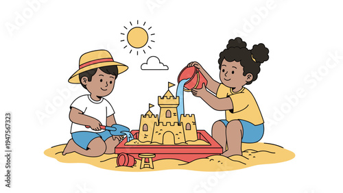 Two young children playing together in a sandbox and building a complex sandcastle under a bright and hot afternoon sun.