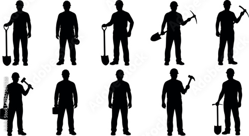 A collection of ten construction worker silhouettes, each holding different tools like shovels, pickaxes, and hammers, set against a clean white background.