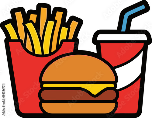 A cheeseburger meal with fries and soda on a table indoors