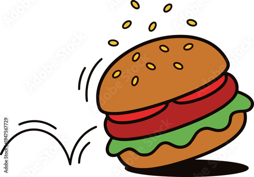 A juicy burger flies through the air with sesame seeds flying off.