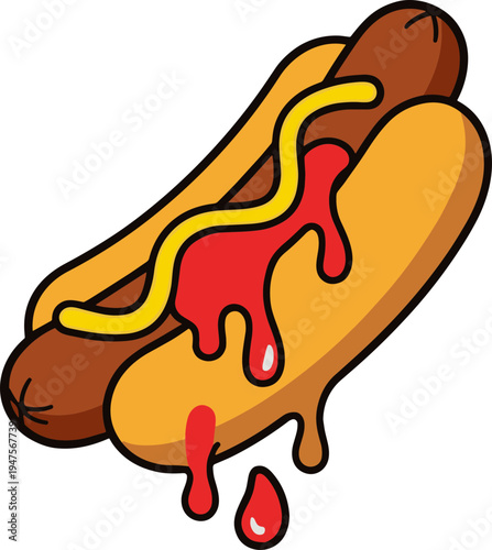 A cartoon hot dog with ketchup and mustard drips on bun
