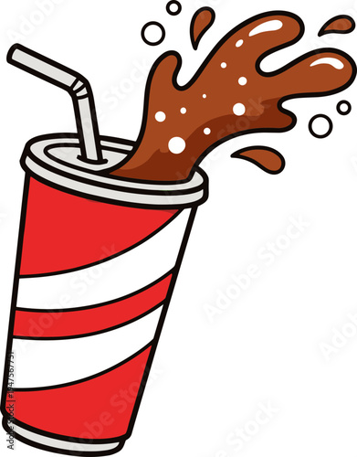 A cartoon soda cup spills brown liquid with a straw inside.