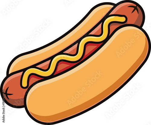 A cartoon illustration of a hot dog with yellow mustard on a bun