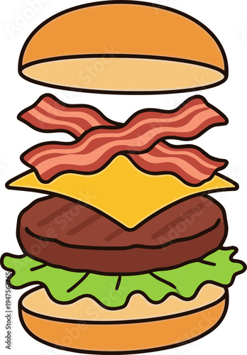A mouthwatering illustration of a bacon cheeseburger being assembled with fresh lettuce and cheese.