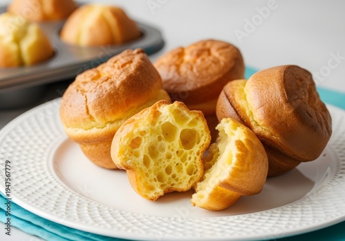 Golden popovers on a plate with one broken open