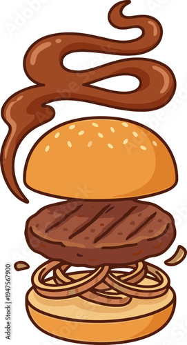 Grilled burger patty with onions and smoke rising from a toasted bun.