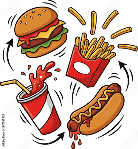 A mouth-watering scene of a burger, fries, hot dog, and soda flying through the air in a restaurant setting with food.