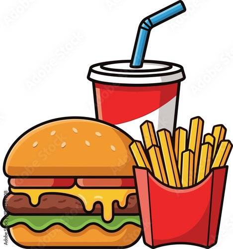 A cheeseburger and fries with a soft drink on a table indoors.