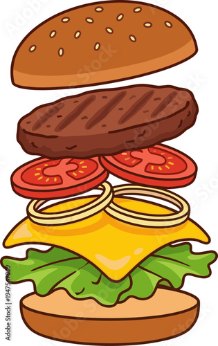 A juicy burger with grilled patty, cheese, lettuce, onions, and tomato slices.