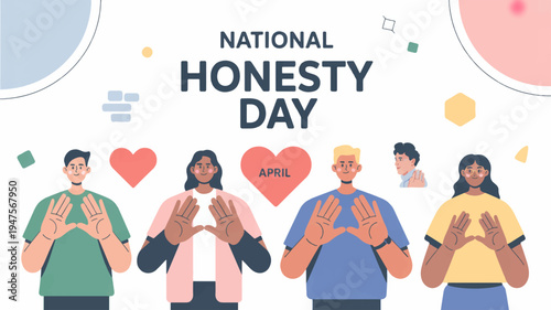 Diverse people celebrating national honesty day with hearts and hands together in colorful illustration