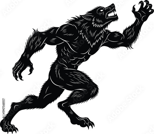 Werewolf silhouette illustration, mythical creature artwork, horror fantasy vector design, bold graphic icon, black white monster symbol