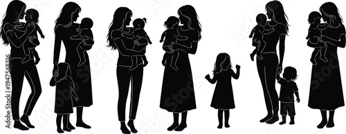 Mother and children silhouette collection showing parenting moments, family love, woman holding baby and kids, motherhood concept vector isolated set