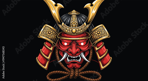 Samurai Oni mask illustration, Japanese warrior artwork, kabuto helmet vector design, bold graphic icon, cultural folklore symbol