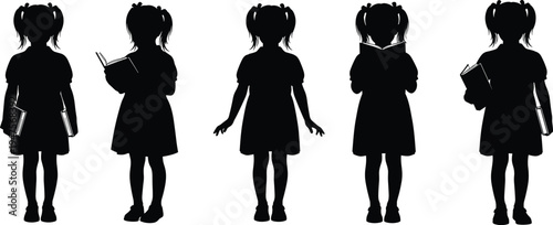 Little girl silhouette collection with book and reading poses, child student vector set isolated for education and school design