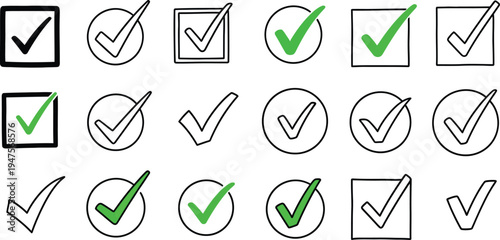 Checkmark icons in various styles and colors on white background for approval and selection
