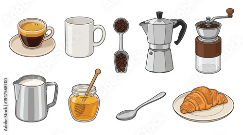 A collection of coffee-related items including an espresso cup, mug, coffee beans, moka pot, grinder, milk jug, honey, spoon, and croissant.