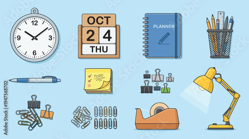 A collection of office supplies and stationery items arranged on a light blue background, including a clock, calendar, planner, pens, paper clips, binder clips, tape dispenser, and a desk lamp.