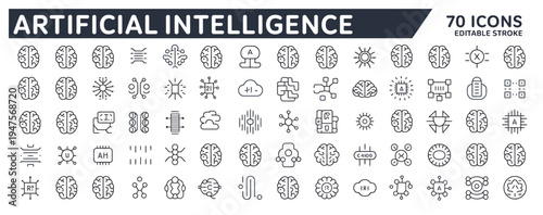 Set of 70 editable stroke icons representing artificial intelligence and digital technology concepts.