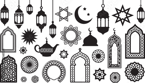 Ramadan Kareem Islamic decorative elements and symbols  lanterns stars crescent moon