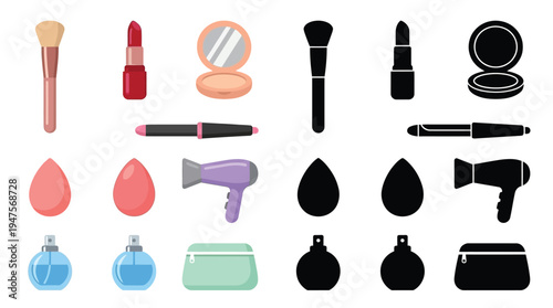 A collection of colorful and black silhouette illustrations of various makeup and beauty products, including brushes, lipsticks, compacts, sponges, hair dryers, and perfumes.