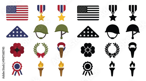 Collection of patriotic American symbols and military honors, including flags, medals, helmets, poppies, and torches, presented in both color and silhouette.