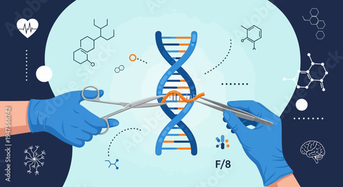 CRISPR Gene Editing Concept Illustration: Hands in Gloves Modifying DNA Strand with Scissors and Tweezers - Biotechnology and Genetic Engineering Background