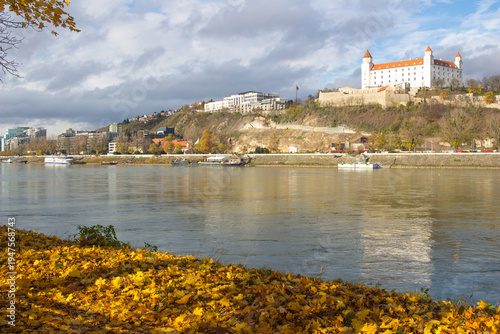 Bratislava castle, parliament and Danube river at beautiful fall day, Bratislava, Slovakia