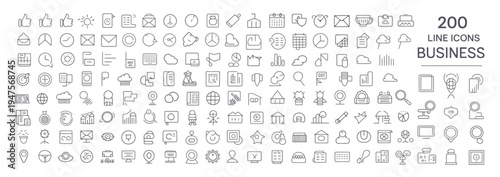200 business line icons for web and mobile, representing finance, marketing, and office concepts.