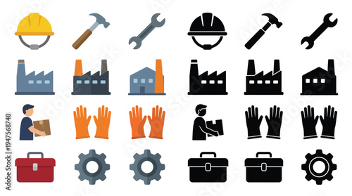 A collection of industrial and construction-related icons, including safety equipment, tools, factories, and workers, presented in both color and silhouette.