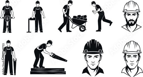 A collection of black and white vector icons depicting construction workers performing various tasks and portraits of laborers wearing hard hats.