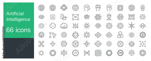 Artificial intelligence icons set with brain, chip, network, and digital technology symbols.