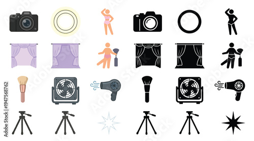 Collection of icons representing photography and beauty equipment, including cameras, tripods, makeup brushes, hair dryers, and stage curtains.