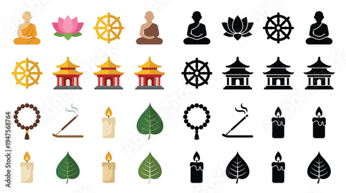 Collection of Buddhist symbols and icons in both color and black and white, representing spiritual elements and practices.