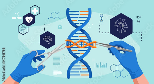 DNA Genetic Engineering and CRISPR Genome Editing Illustration with Blue Gloved Hands and Medical Icons
