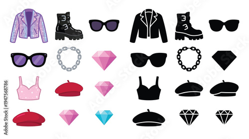 A collection of fashion accessories and clothing items, including jackets, boots, sunglasses, necklaces, and hats, presented in both colorful and silhouette styles.