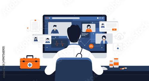 Doctor Performing Online Medical Consultation with Patients via Telehealth Video Interface Flat Illustration Concept