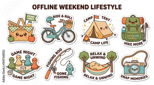 Kawaii-style illustrations depicting various offline weekend activities and hobbies, including camping, fishing, cycling, and board games.